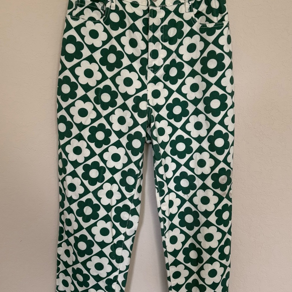 Pac Sun Green & White Retro Floral Button Fly Jeans Size 28 | St. Patrick’s Day